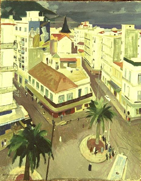 Oran, le rond-point aux palmiers, un tableau du peintre Antoine MARTINEZ