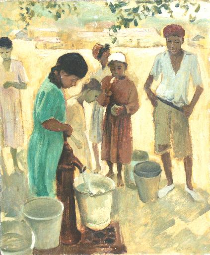 Enfants à la fontaine, tableau du peintre Antoine MARTINEZ